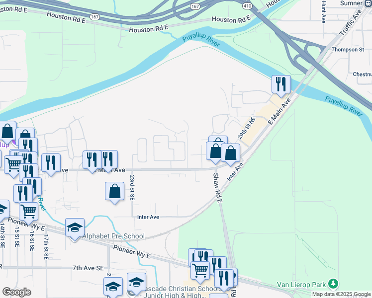 map of restaurants, bars, coffee shops, grocery stores, and more near 2505 East Main Avenue in Puyallup