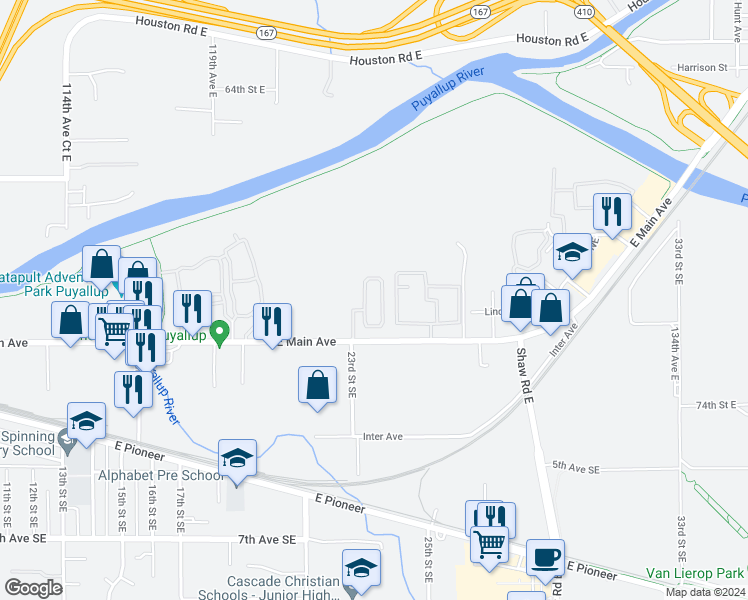 map of restaurants, bars, coffee shops, grocery stores, and more near 2309 East Main Avenue in Puyallup