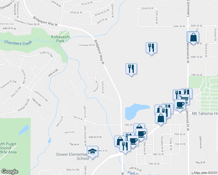 map of restaurants, bars, coffee shops, grocery stores, and more near 7119 62nd Avenue Court West in Lakewood