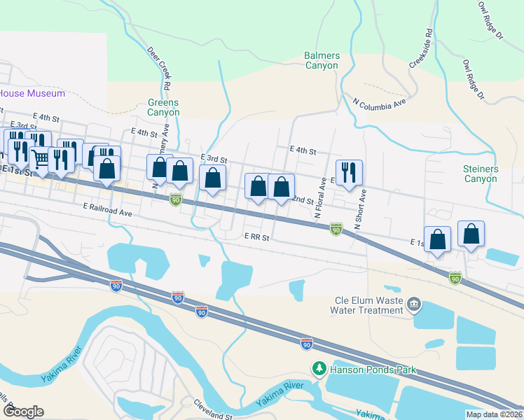 map of restaurants, bars, coffee shops, grocery stores, and more near 819 East 1st Street in Cle Elum