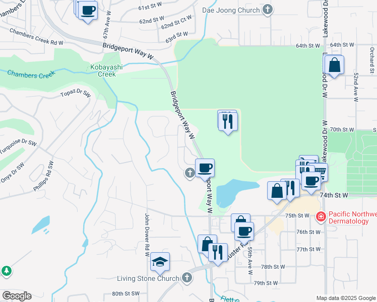 map of restaurants, bars, coffee shops, grocery stores, and more near 7119 62nd Avenue West in Lakewood