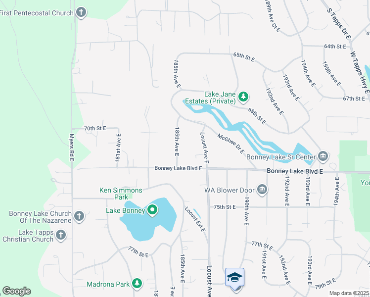 map of restaurants, bars, coffee shops, grocery stores, and more near 7012 185th Avenue East in Bonney Lake