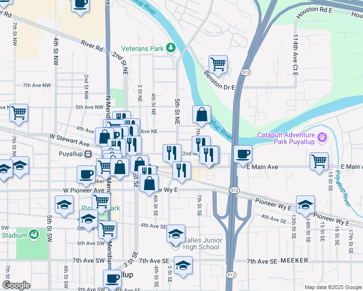 map of restaurants, bars, coffee shops, grocery stores, and more near 211 5th Street Northeast in Puyallup
