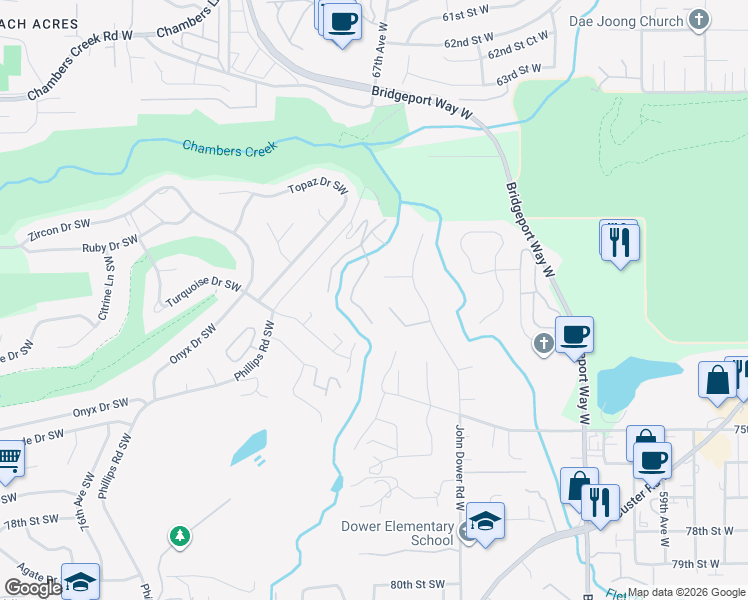 map of restaurants, bars, coffee shops, grocery stores, and more near 6716 71st Street Court West in Lakewood