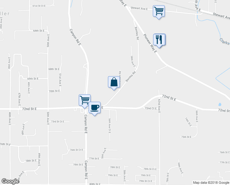 map of restaurants, bars, coffee shops, grocery stores, and more near 7108 Bentley Road in Puyallup