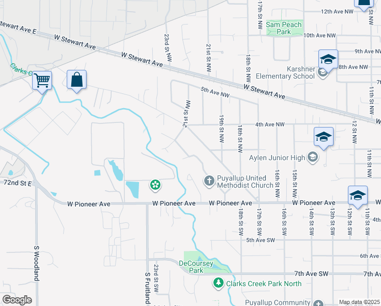 map of restaurants, bars, coffee shops, grocery stores, and more near 225 McElroy Place in Puyallup