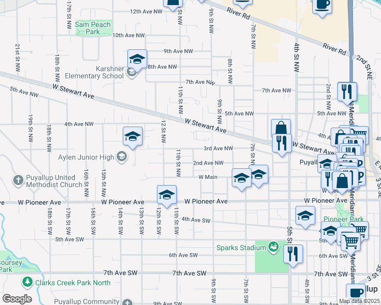 map of restaurants, bars, coffee shops, grocery stores, and more near 1004 3rd Avenue Northwest in Puyallup