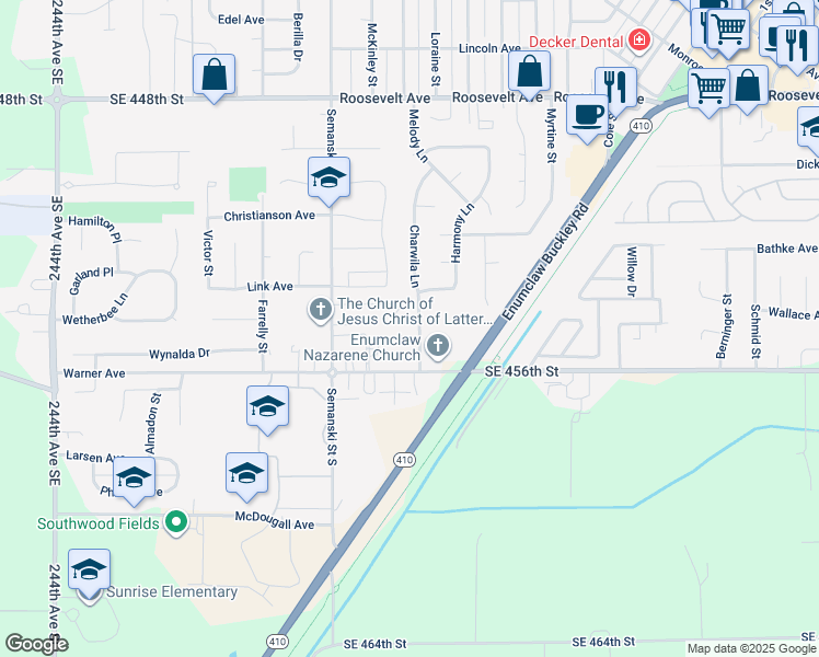map of restaurants, bars, coffee shops, grocery stores, and more near 210 Charwila Lane in Enumclaw