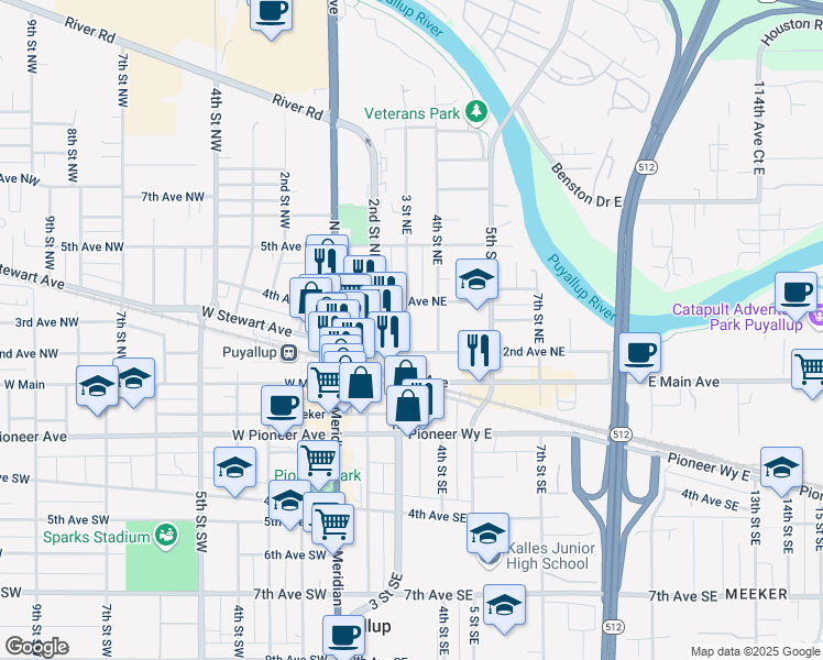 map of restaurants, bars, coffee shops, grocery stores, and more near 301 2nd Avenue Northeast in Puyallup