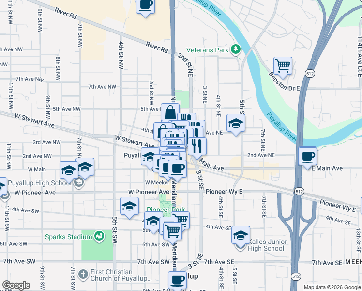 map of restaurants, bars, coffee shops, grocery stores, and more near 104 East Stewart Avenue in Puyallup