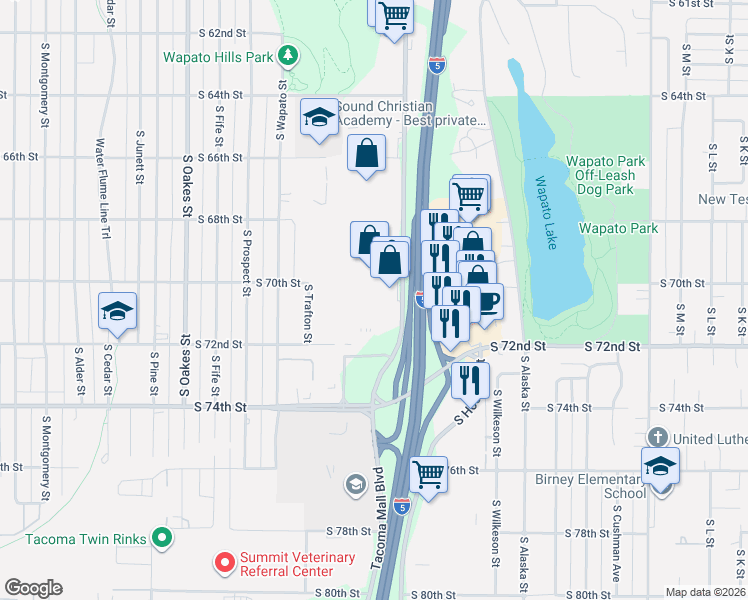 map of restaurants, bars, coffee shops, grocery stores, and more near 53 in Tacoma