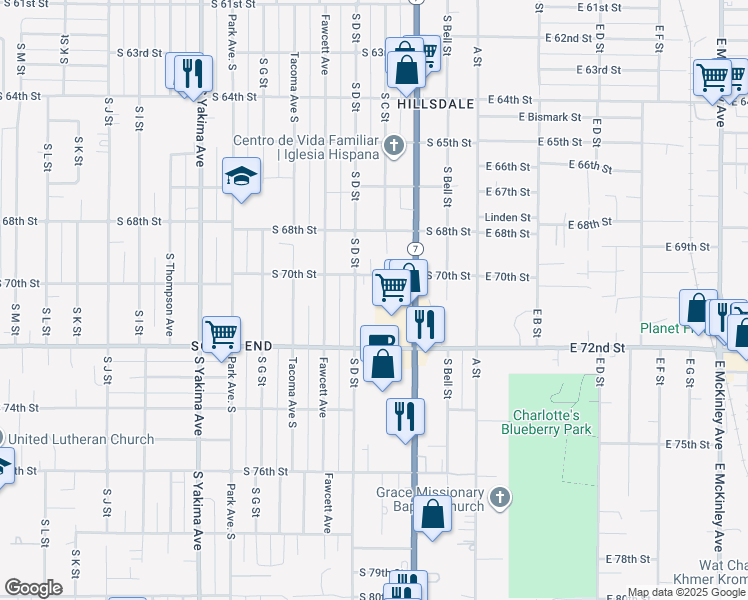 map of restaurants, bars, coffee shops, grocery stores, and more near 7015 South D Street in Tacoma