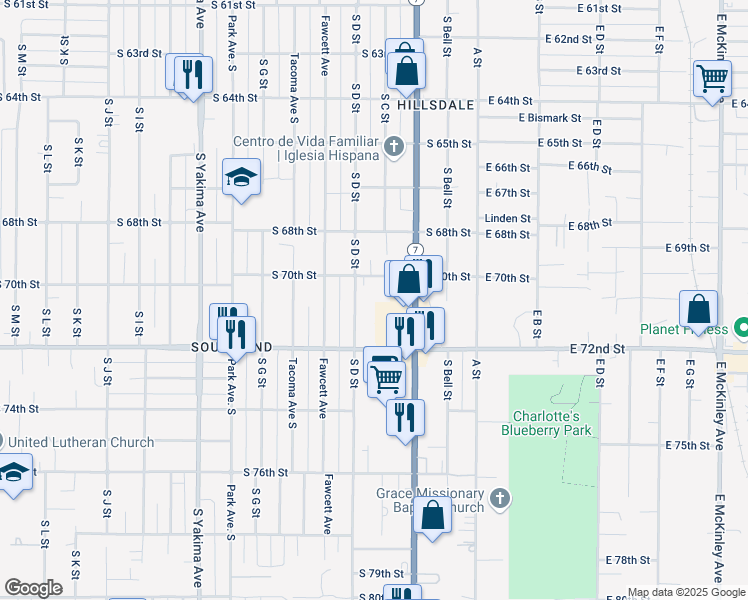 map of restaurants, bars, coffee shops, grocery stores, and more near 7015 South D Street in Tacoma
