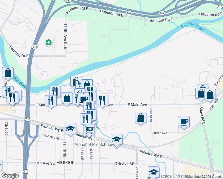map of restaurants, bars, coffee shops, grocery stores, and more near 1617 East Main Avenue in Puyallup