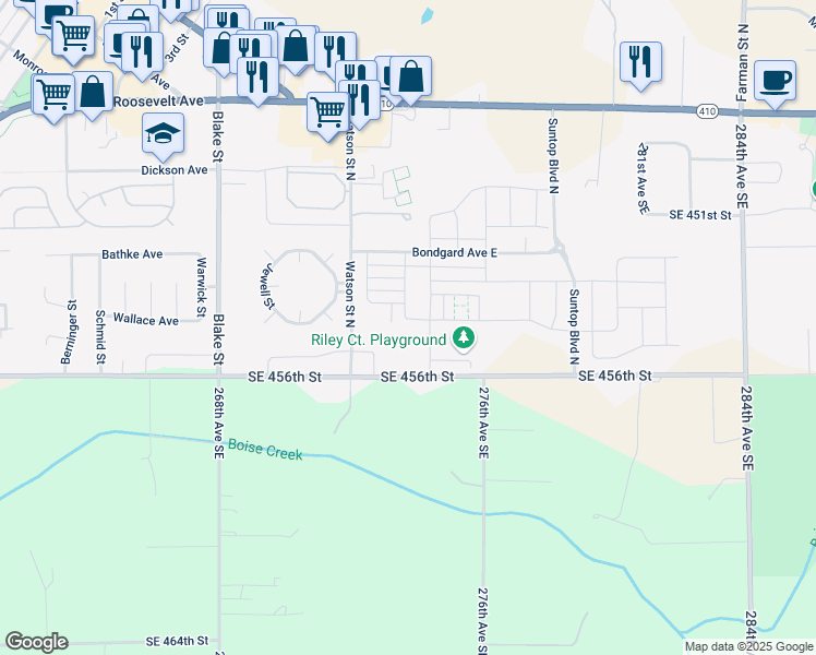 map of restaurants, bars, coffee shops, grocery stores, and more near 302 Sigrist Drive East in Enumclaw