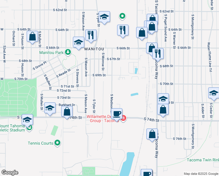 map of restaurants, bars, coffee shops, grocery stores, and more near 6947 South Madison Street in Tacoma