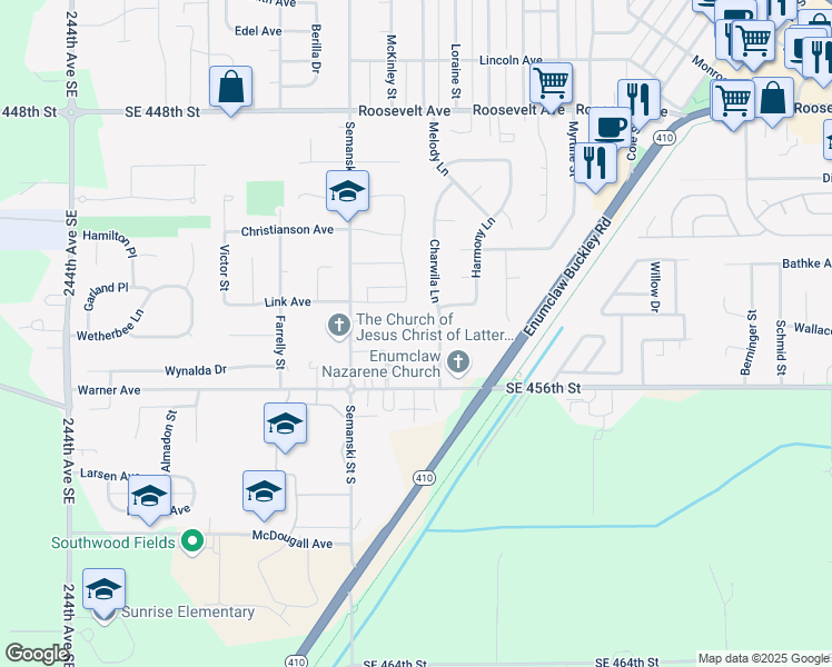 map of restaurants, bars, coffee shops, grocery stores, and more near 210 Charwila Lane in Enumclaw