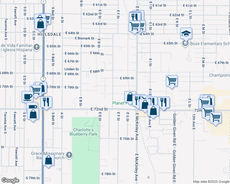 map of restaurants, bars, coffee shops, grocery stores, and more near 6965 East E Street in Tacoma