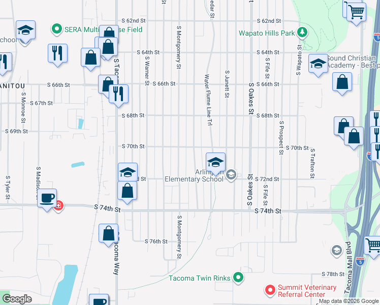 map of restaurants, bars, coffee shops, grocery stores, and more near 7021 South Montgomery Street in Tacoma