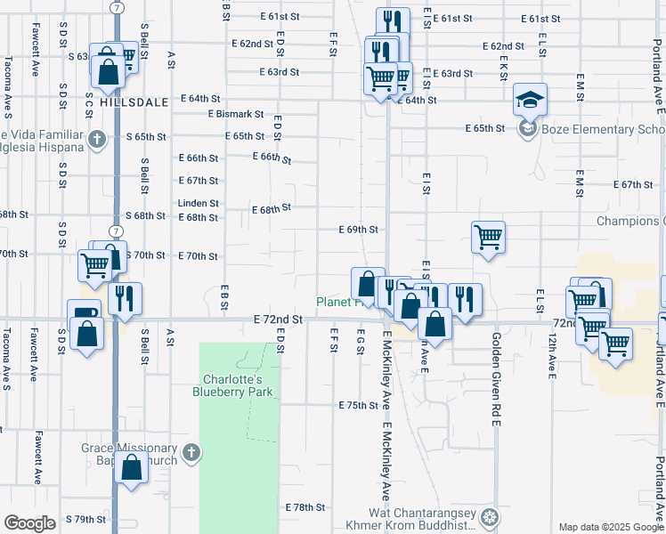 map of restaurants, bars, coffee shops, grocery stores, and more near 7003 East E Street in Tacoma