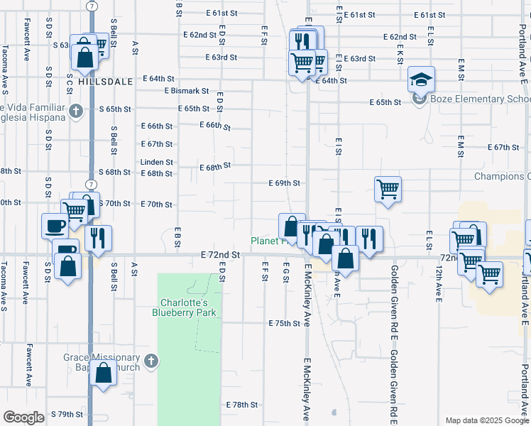 map of restaurants, bars, coffee shops, grocery stores, and more near 7003 East E Street in Tacoma