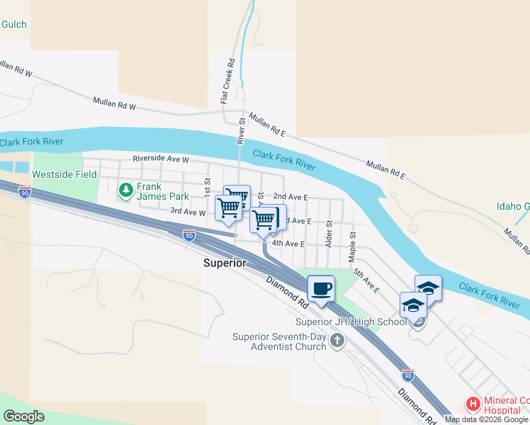 map of restaurants, bars, coffee shops, grocery stores, and more near Cedar Street in Superior