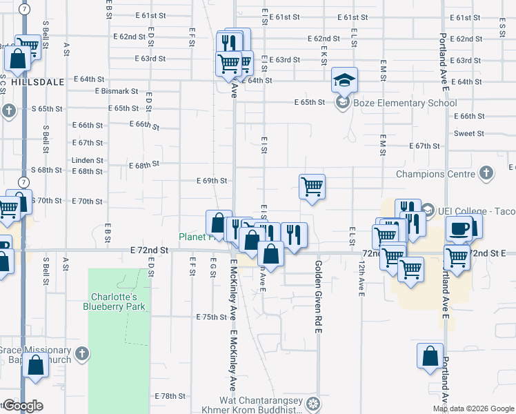 map of restaurants, bars, coffee shops, grocery stores, and more near 6958 East I Street in Tacoma