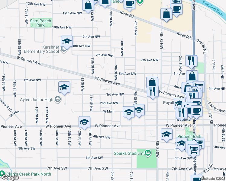 map of restaurants, bars, coffee shops, grocery stores, and more near 903 West Stewart Avenue in Puyallup