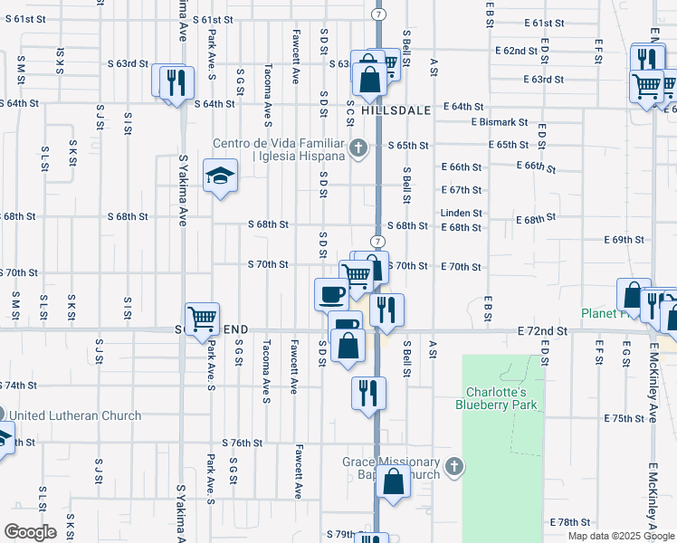 map of restaurants, bars, coffee shops, grocery stores, and more near 235 South 70th Street in Tacoma