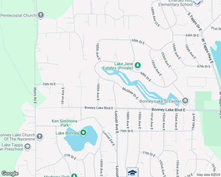 map of restaurants, bars, coffee shops, grocery stores, and more near 7001 Locust Avenue East in Bonney Lake