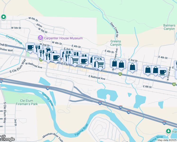 map of restaurants, bars, coffee shops, grocery stores, and more near 401 East 1st Street in Cle Elum