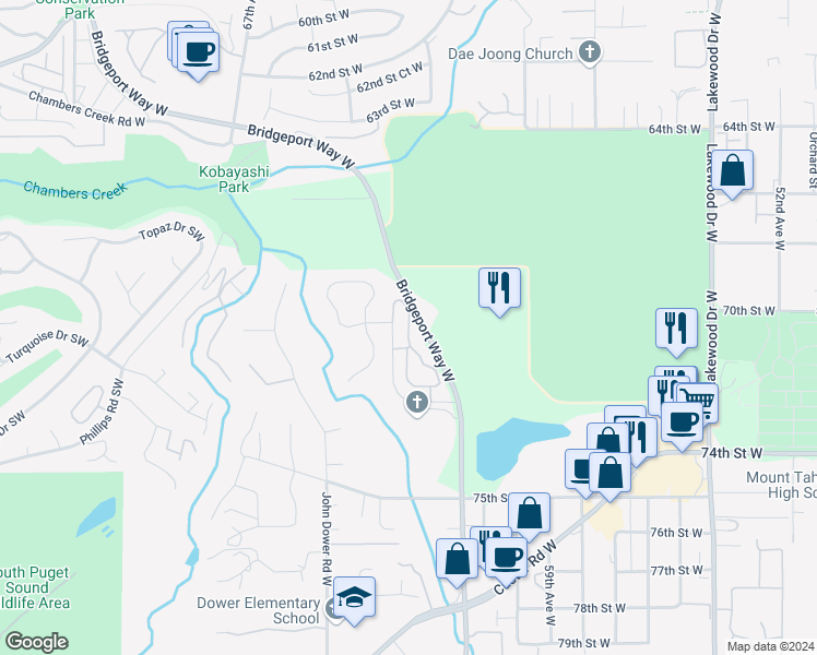 map of restaurants, bars, coffee shops, grocery stores, and more near 7001 Bridgeport Way West in Lakewood
