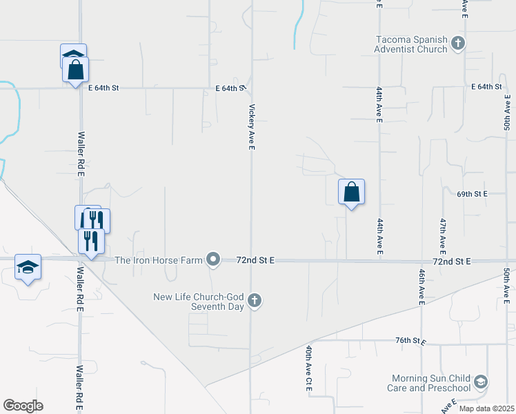 map of restaurants, bars, coffee shops, grocery stores, and more near 6817 Vickery Avenue East in Tacoma