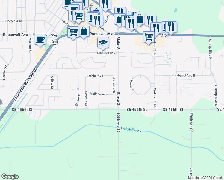 map of restaurants, bars, coffee shops, grocery stores, and more near 403 Warwick Street in Enumclaw