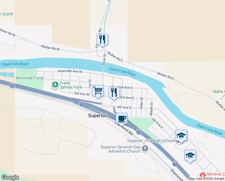 map of restaurants, bars, coffee shops, grocery stores, and more near Cedar Street in Superior
