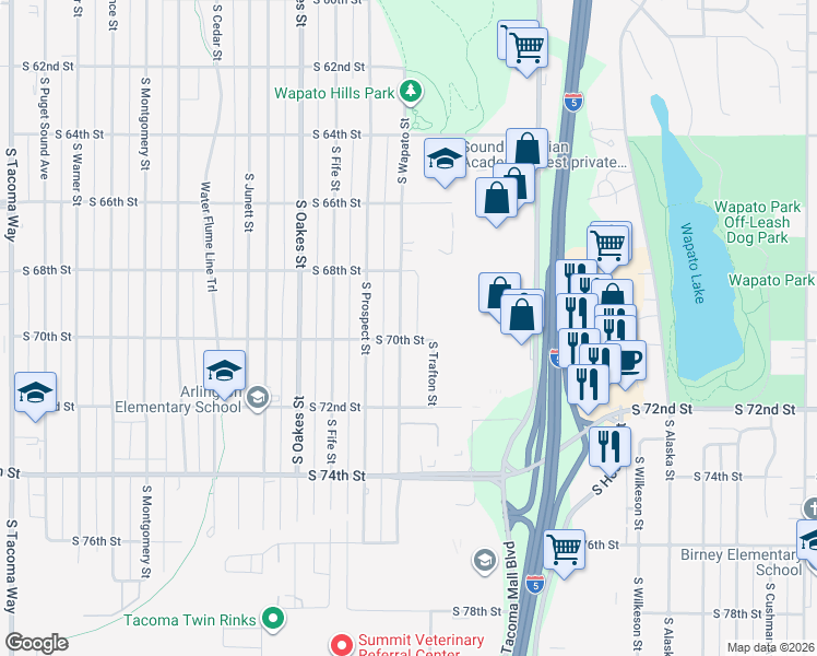 map of restaurants, bars, coffee shops, grocery stores, and more near 6825 South Wapato Street in Tacoma