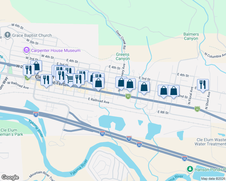 map of restaurants, bars, coffee shops, grocery stores, and more near 515 East 1st Street in Cle Elum