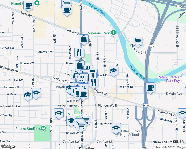 map of restaurants, bars, coffee shops, grocery stores, and more near 413 2nd Street Northeast in Puyallup