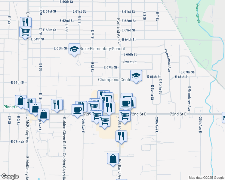 map of restaurants, bars, coffee shops, grocery stores, and more near 1442 East 68th Street Court in Tacoma