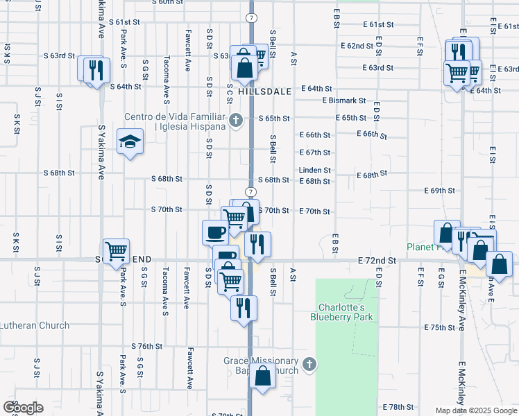 map of restaurants, bars, coffee shops, grocery stores, and more near 6819 Pacific Avenue in Tacoma