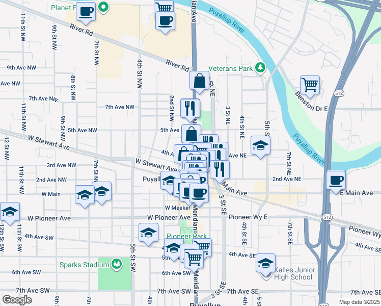 map of restaurants, bars, coffee shops, grocery stores, and more near 403 North Meridian in Puyallup