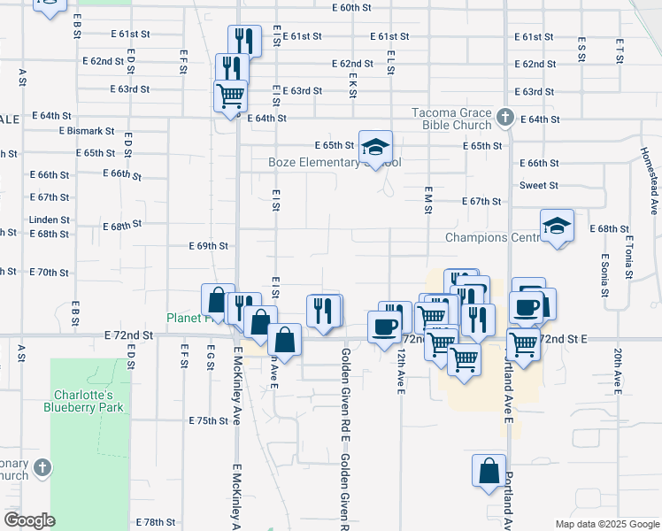 map of restaurants, bars, coffee shops, grocery stores, and more near 6909 East J Street in Tacoma