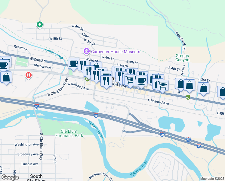 map of restaurants, bars, coffee shops, grocery stores, and more near 106 East 1st Street in Cle Elum
