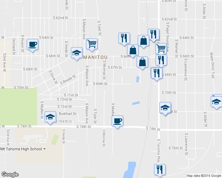 map of restaurants, bars, coffee shops, grocery stores, and more near 6901 South Madison Street in Tacoma