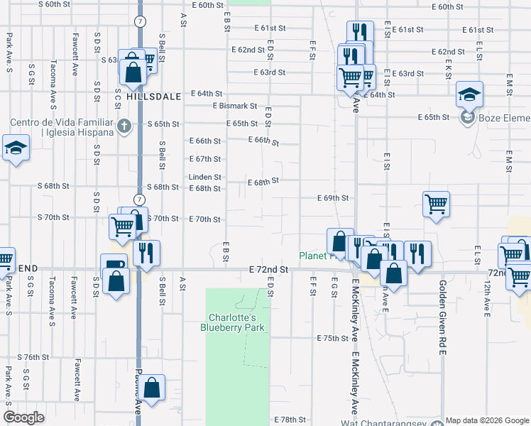 map of restaurants, bars, coffee shops, grocery stores, and more near 243 West Street in Tacoma