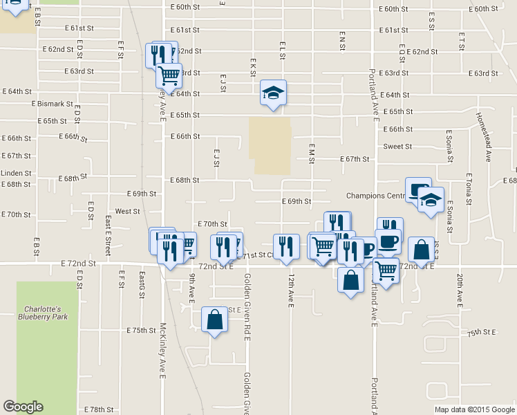 map of restaurants, bars, coffee shops, grocery stores, and more near 1108 East 69th Street in Tacoma