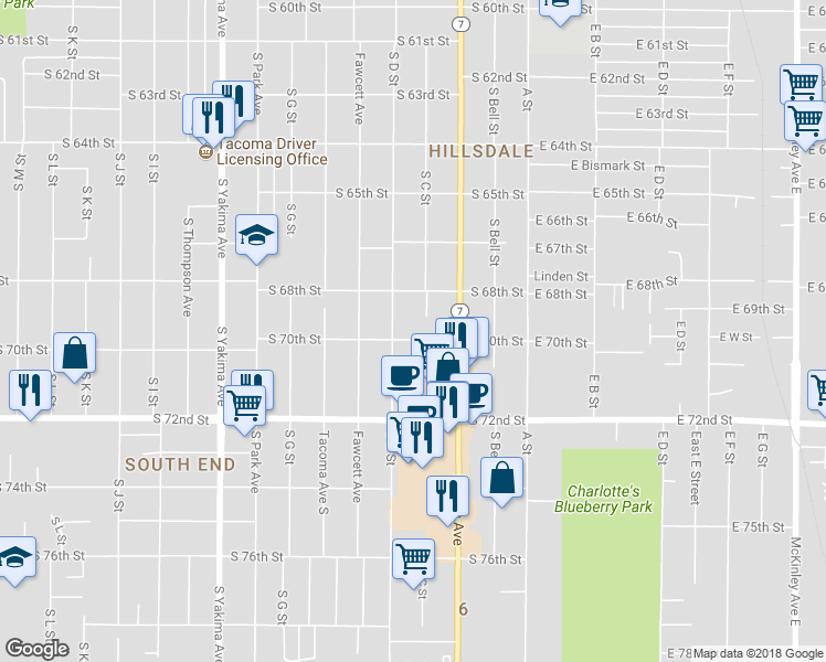 map of restaurants, bars, coffee shops, grocery stores, and more near 235 South 70th Street in Tacoma