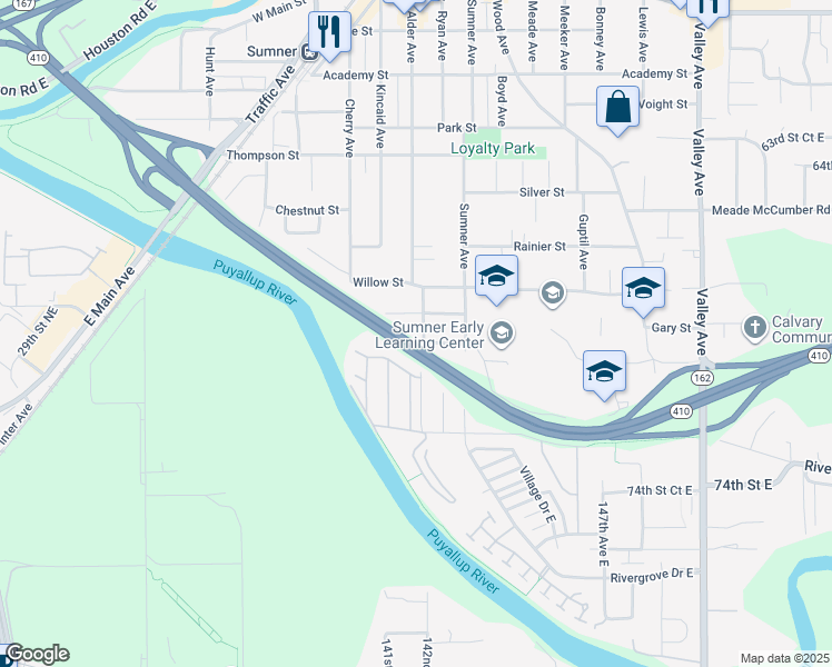 map of restaurants, bars, coffee shops, grocery stores, and more near 212 Alder Avenue in Sumner