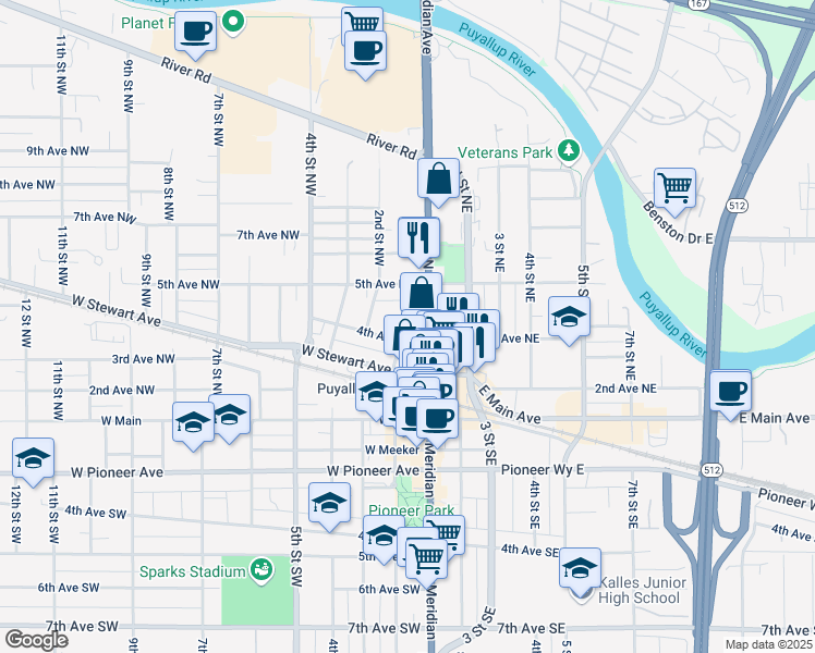map of restaurants, bars, coffee shops, grocery stores, and more near 123 4th Avenue Northwest in Puyallup