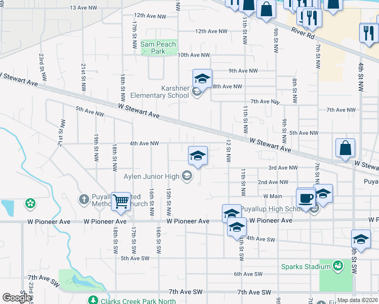 map of restaurants, bars, coffee shops, grocery stores, and more near 322 14th Street Place Northwest in Puyallup